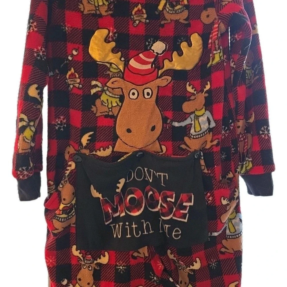 Womens Plush Red Moose‎ Christmas Funny Print Pajamas Sleeper Medium